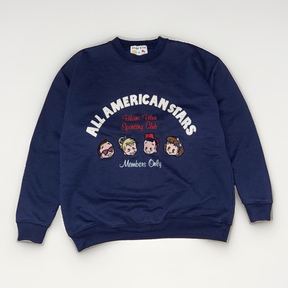 Vintage 90s Blanc Bleu All American Stars Sweatshirt Embroidered Navy 22x25